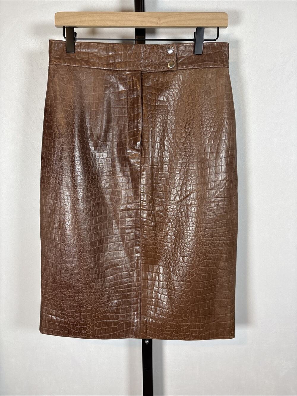 VTG Ralph Lauren Leather Skirt Black Label Womens 8 Brown Straight Croc Embossed